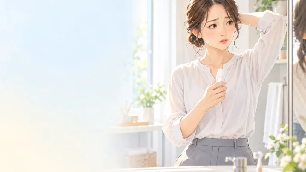洗面台で制汗剤を持ち、脇のニオイが気になる女性のイラスト