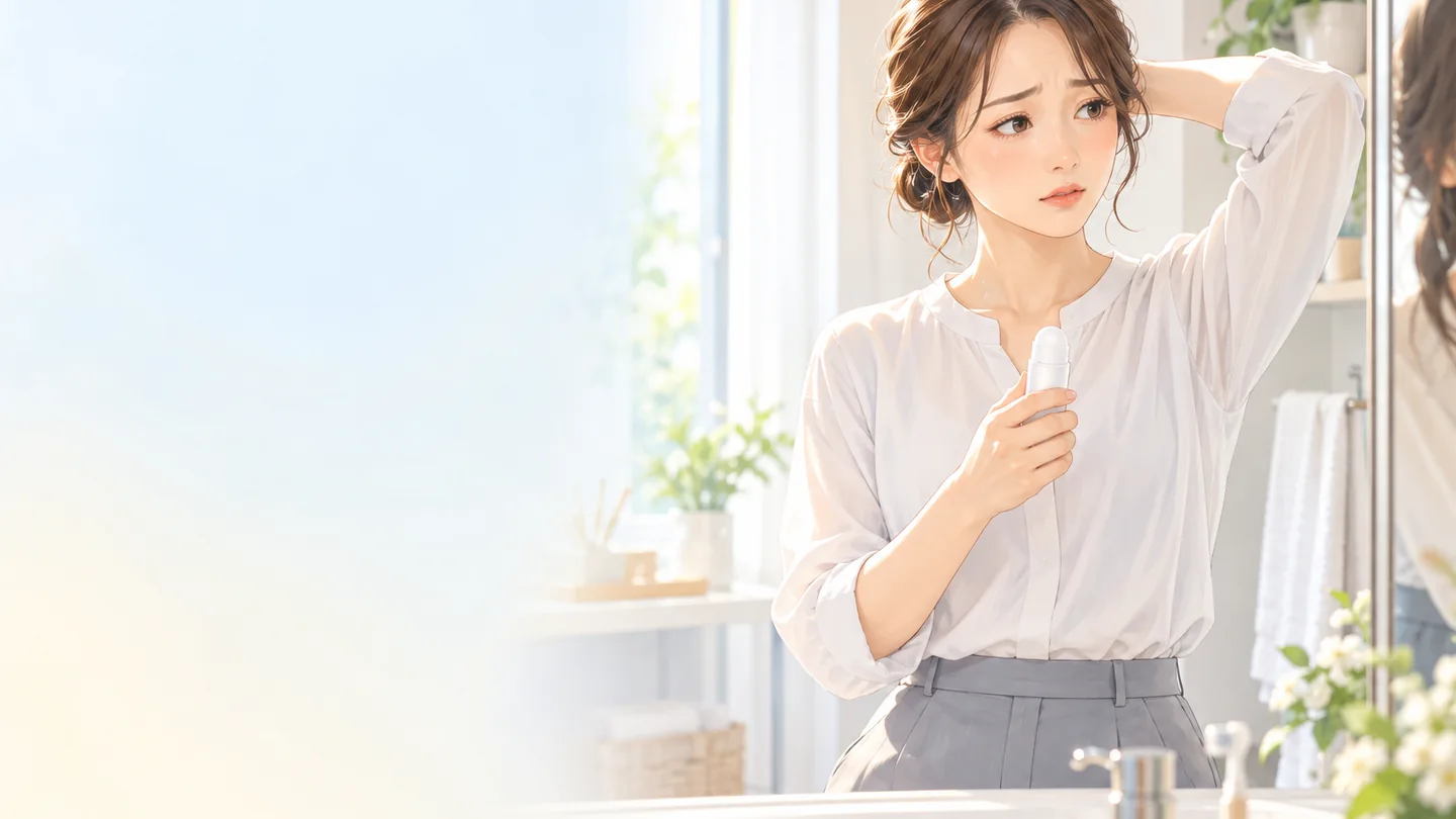 洗面台で制汗剤を持ち、脇のニオイが気になる女性のイラスト