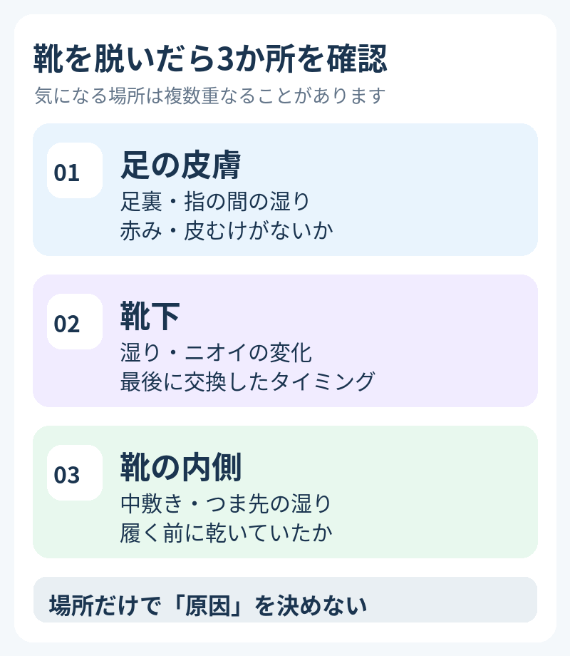 靴を脱いだ後に足の皮膚・靴下・靴の内側をそれぞれ確認する図