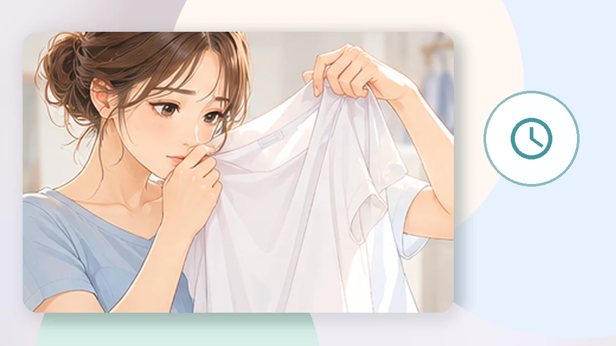 帰宅後にシャツの脇部分のニオイを確認する女性のイラスト