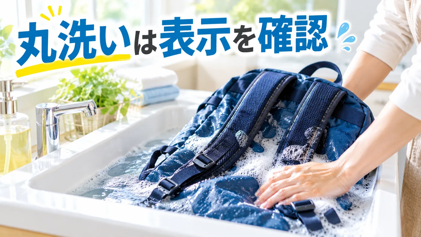 水を張った洗面台でリュックを押し洗いする様子