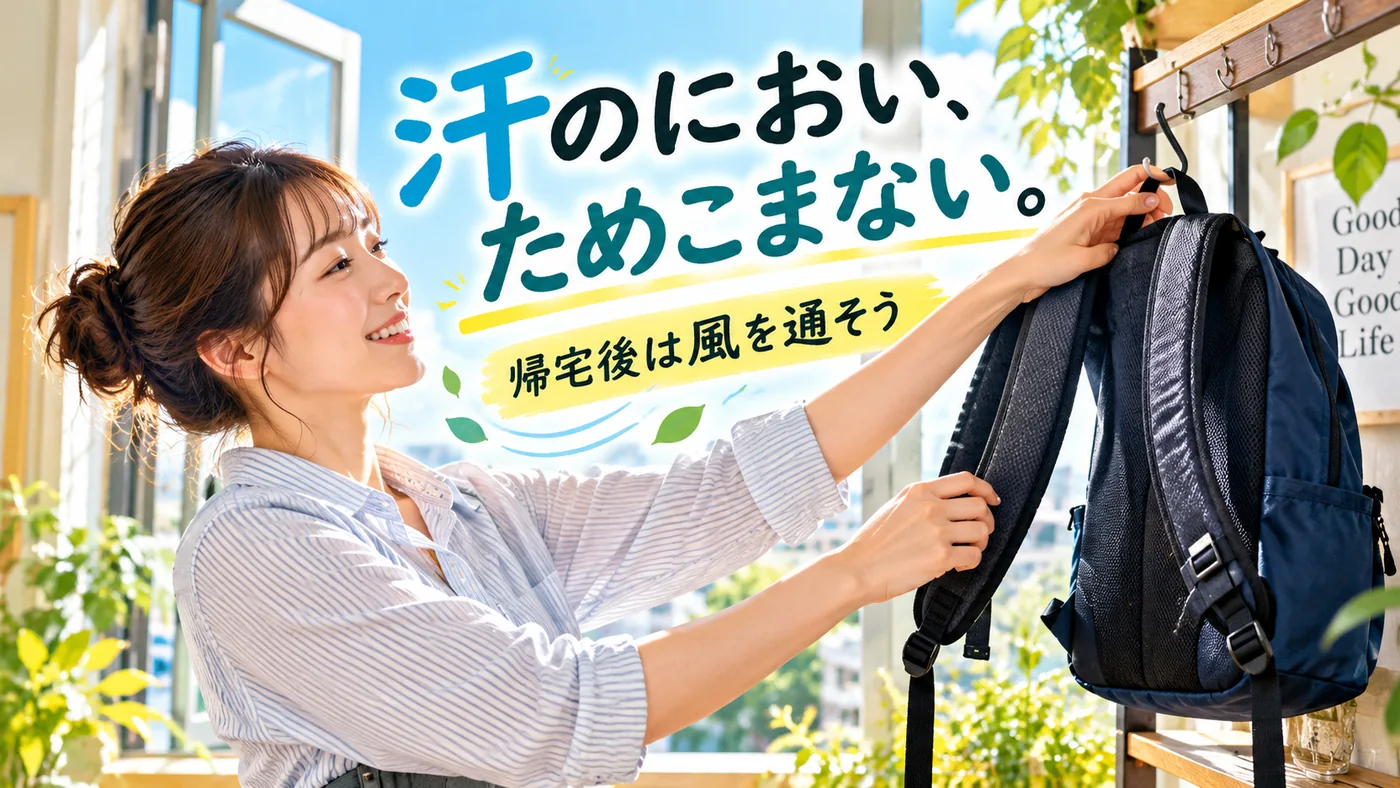 帰宅後にリュックを風通しのよい場所へ掛けて乾燥させる女性