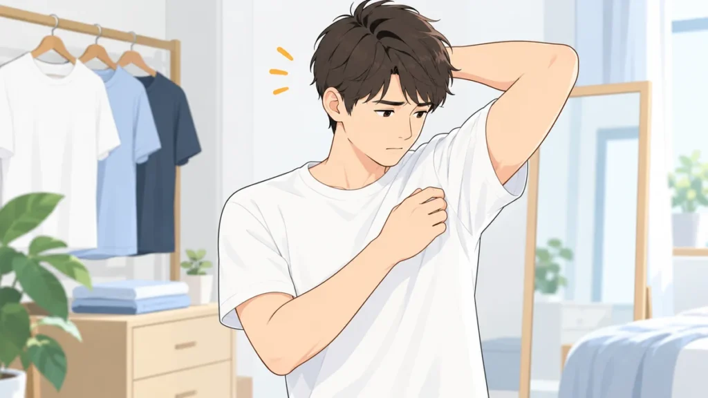 複数の服がある部屋で自分の脇付近を確認する男性
