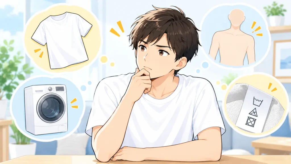 服・身体・洗濯・素材のどこを確認するか考える男性
