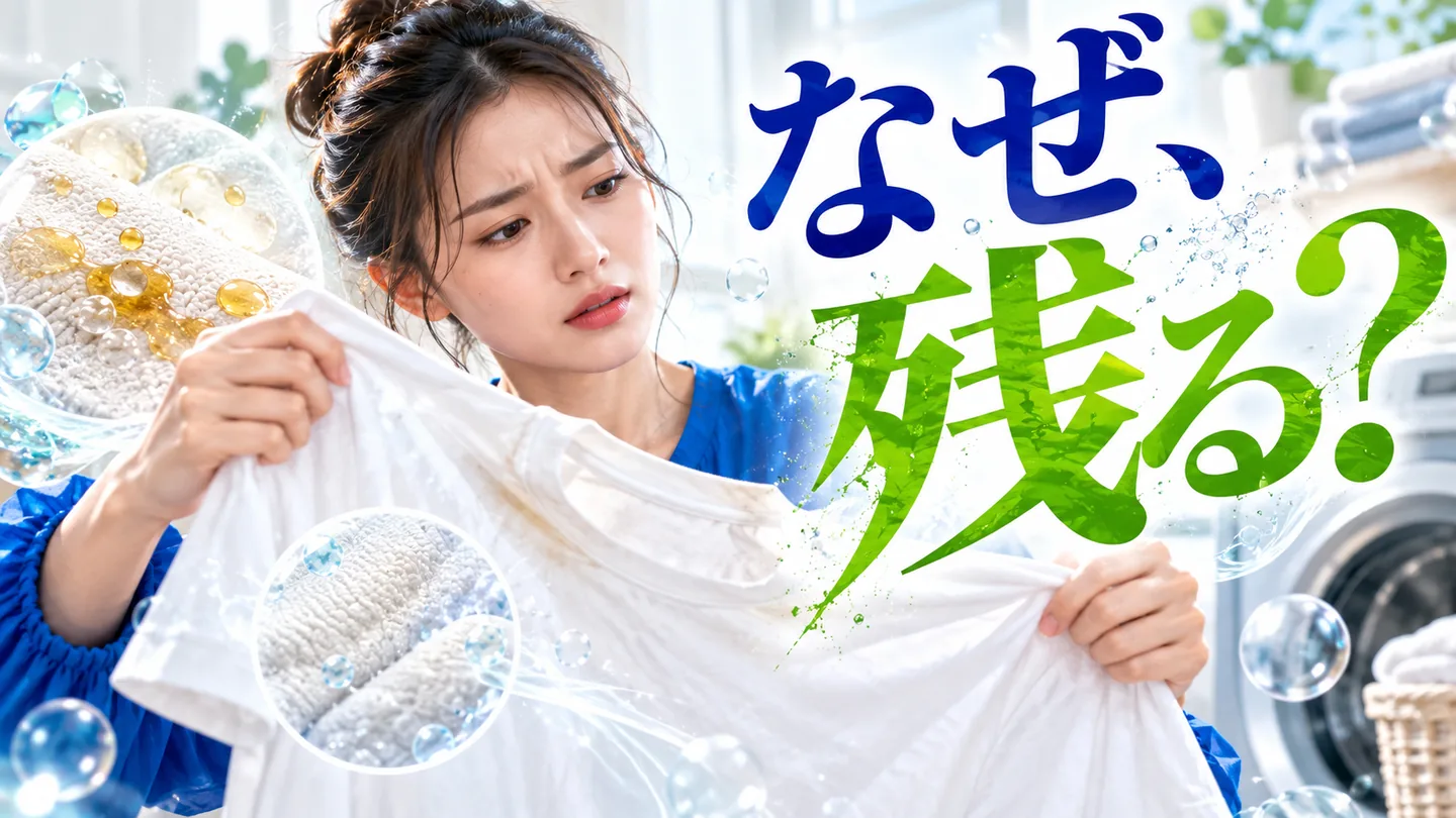 洗濯後のTシャツから臭いが残る理由を考える女性