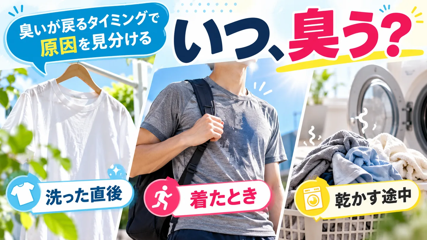 洗った直後・着たとき・乾かす途中という臭いの発生タイミングの比較