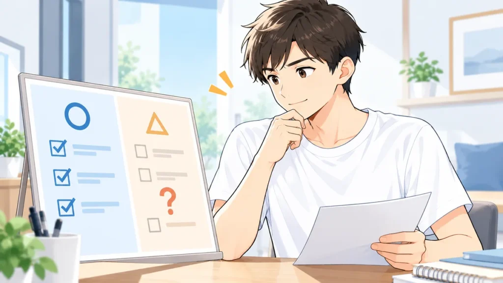 チェック済みの項目と未確認の項目を整理する男性
