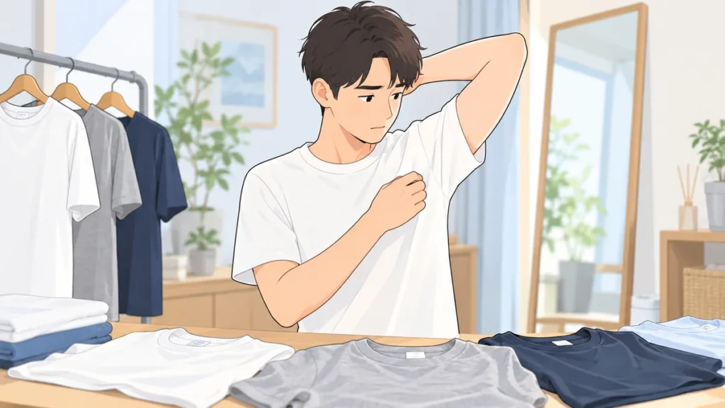 複数の衣類を前に自分の身体と服の違いを確認する男性