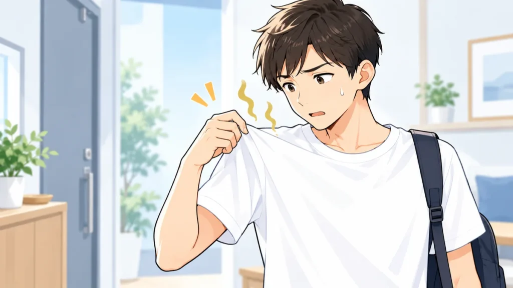 汗をかいたあと白いTシャツのニオイを気にする男性