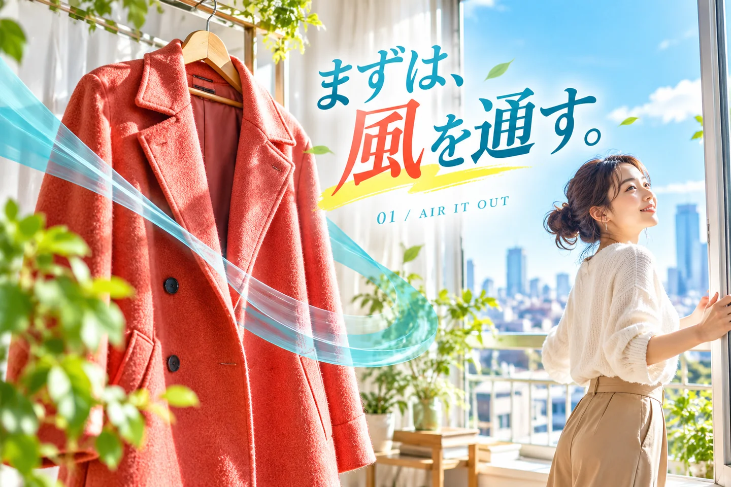 窓際の風通しのよい場所に掛けた赤いコートと換気する女性