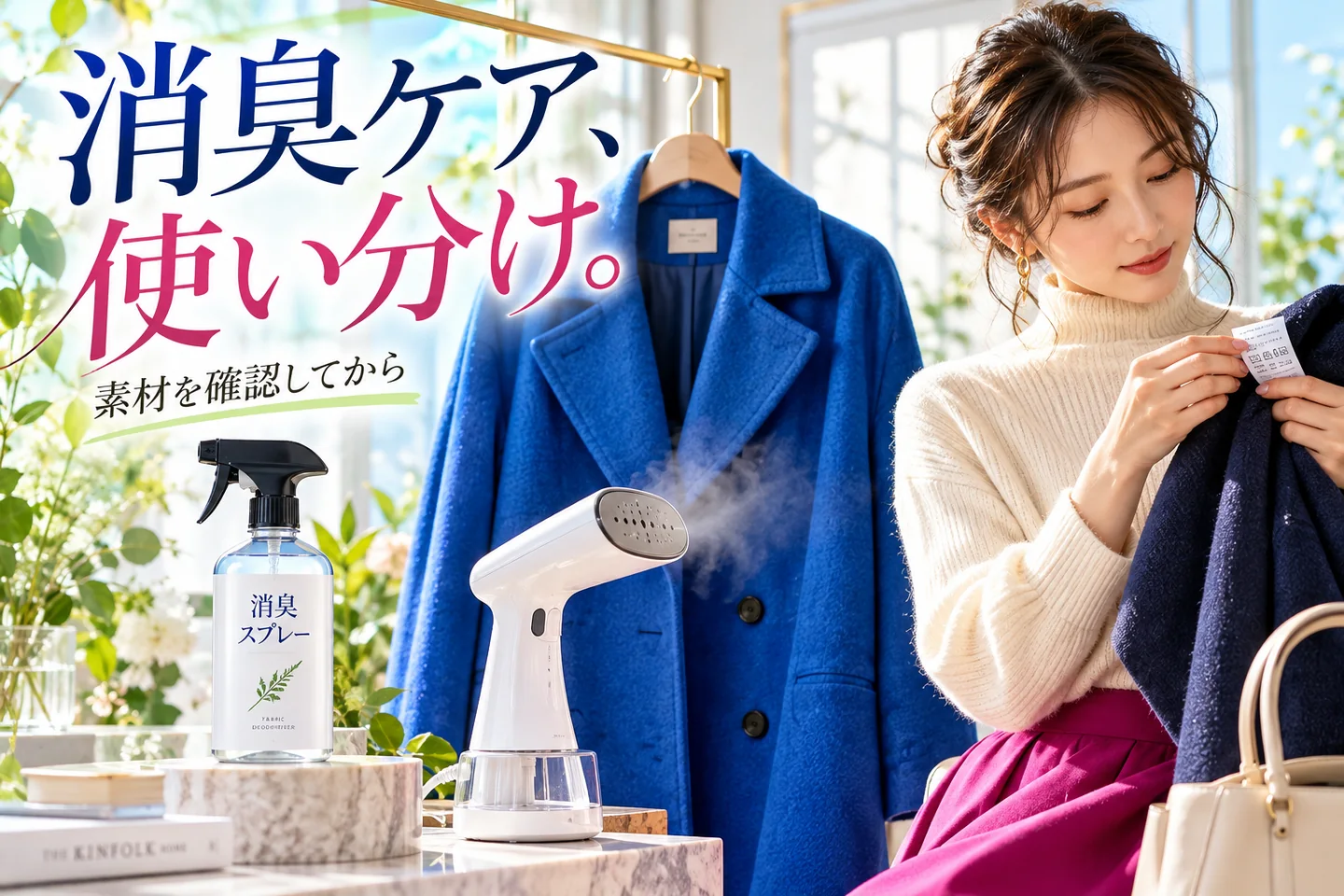 青いコート、衣類用消臭スプレー、衣類スチーマー、洗濯表示を確認する女性