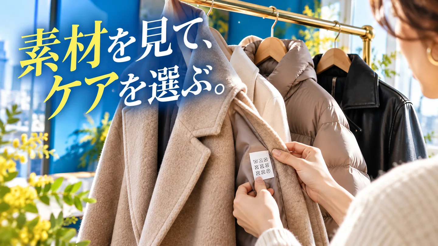 ウールやダウン、革のコートを並べて洗濯表示を確認する手元