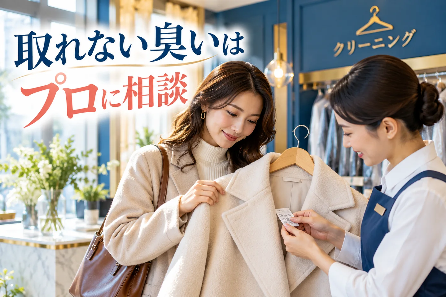 コートのケアラベルをクリーニング店の担当者に見せて相談する女性
