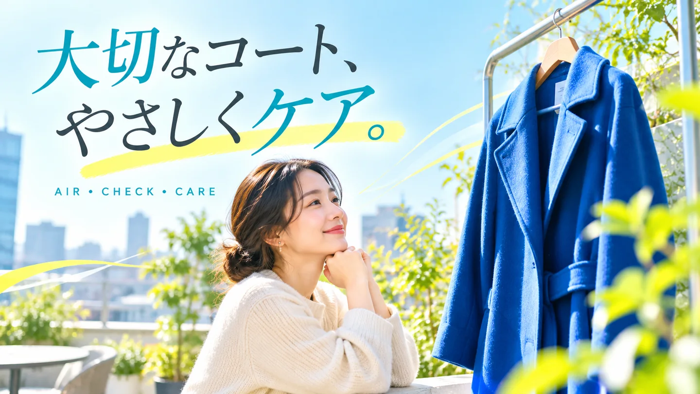 青いコートを風通しのよい場所に掛けて状態を確かめる女性