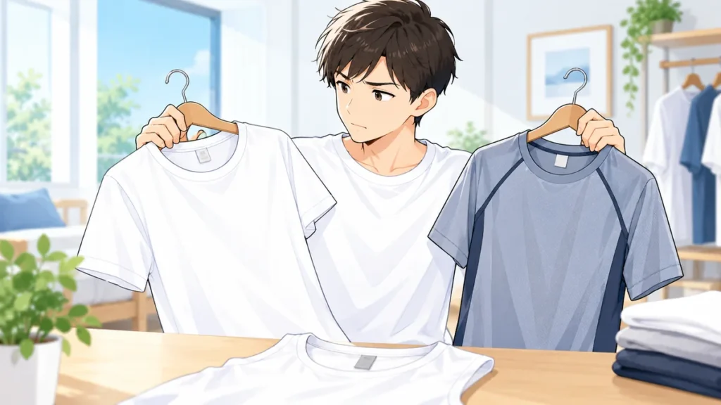白い綿Tシャツとスポーツシャツを見比べる男性