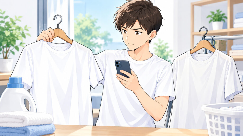 2枚のTシャツを比較しながらスマートフォンで確認する男性