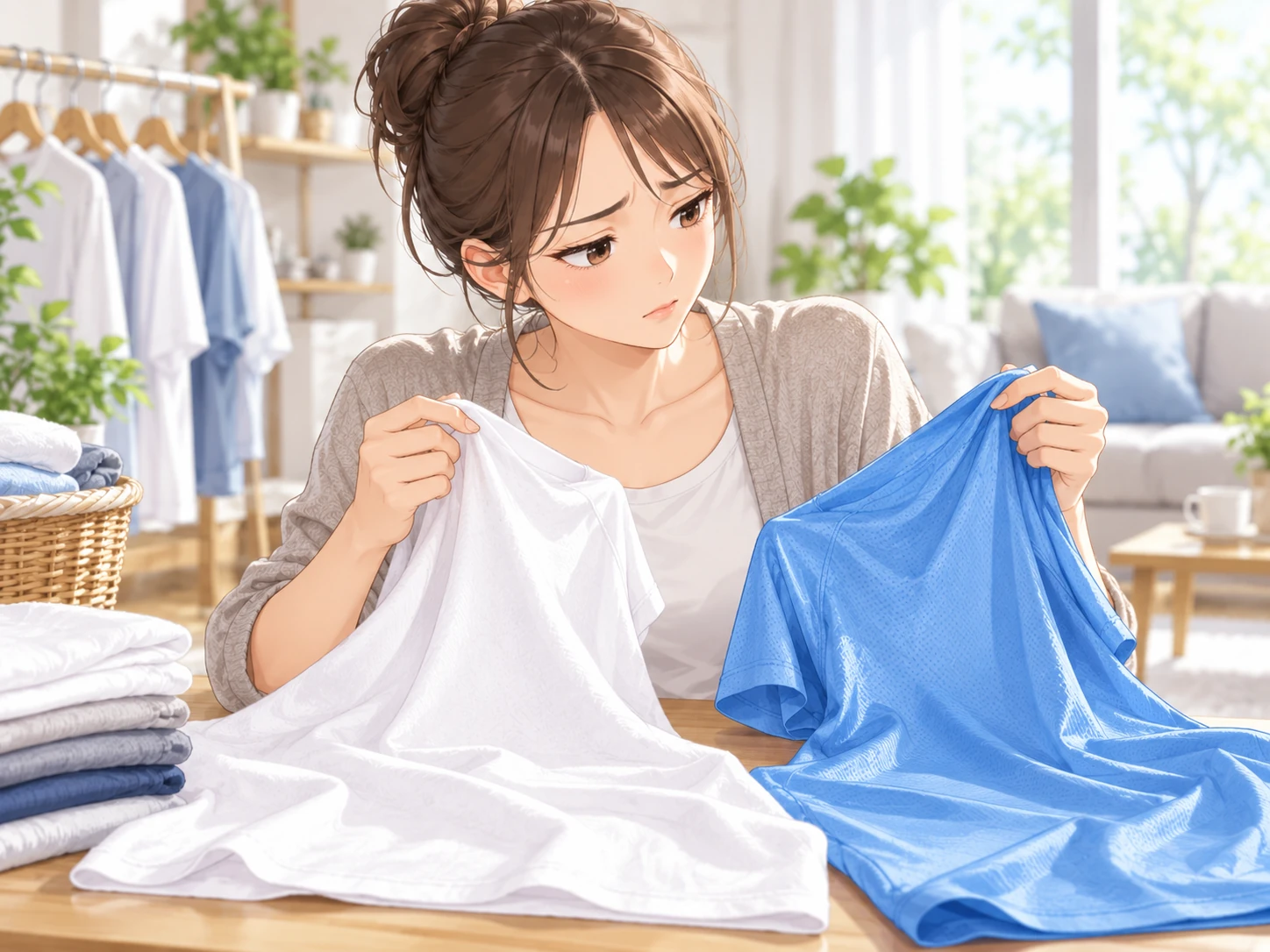 白いTシャツと青いTシャツの生地を見比べる女性のイラスト