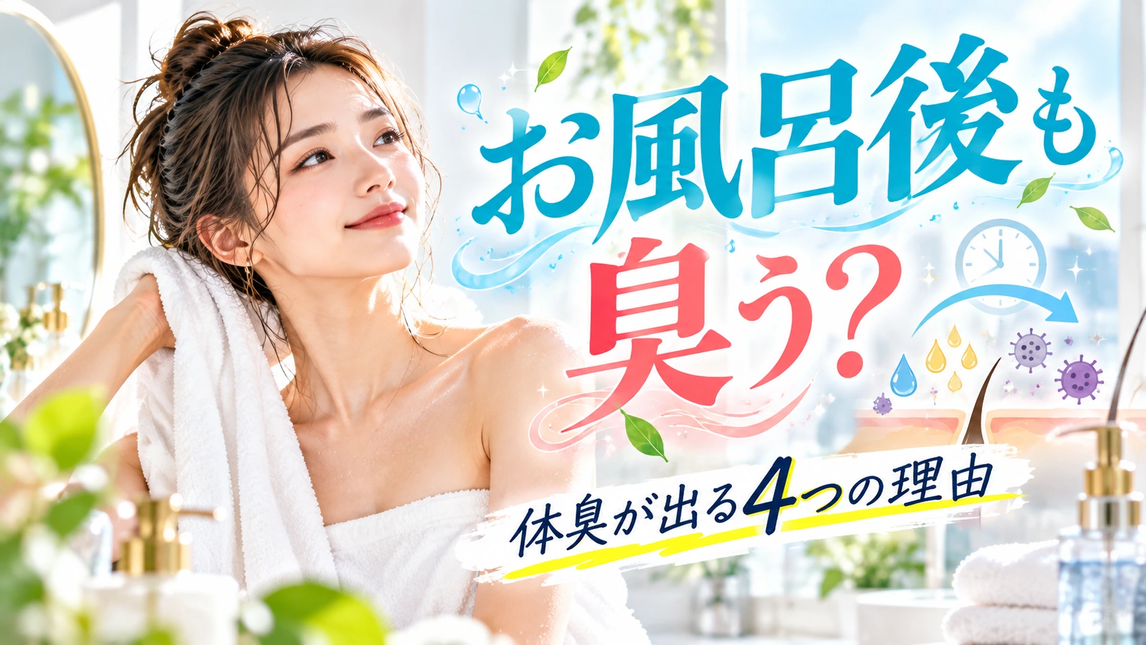 お風呂上がりの女性と体臭が出る4つの理由を表した画像