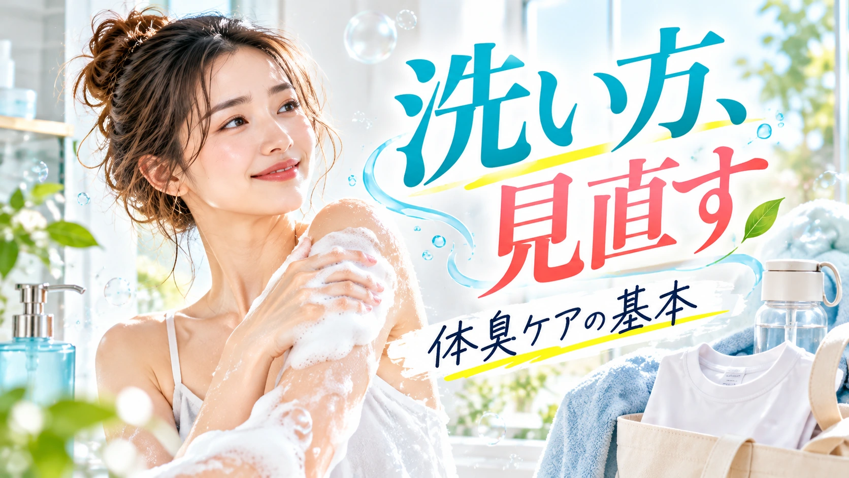 泡立てた洗浄料で肌をやさしく洗う女性と体臭ケアのイメージ