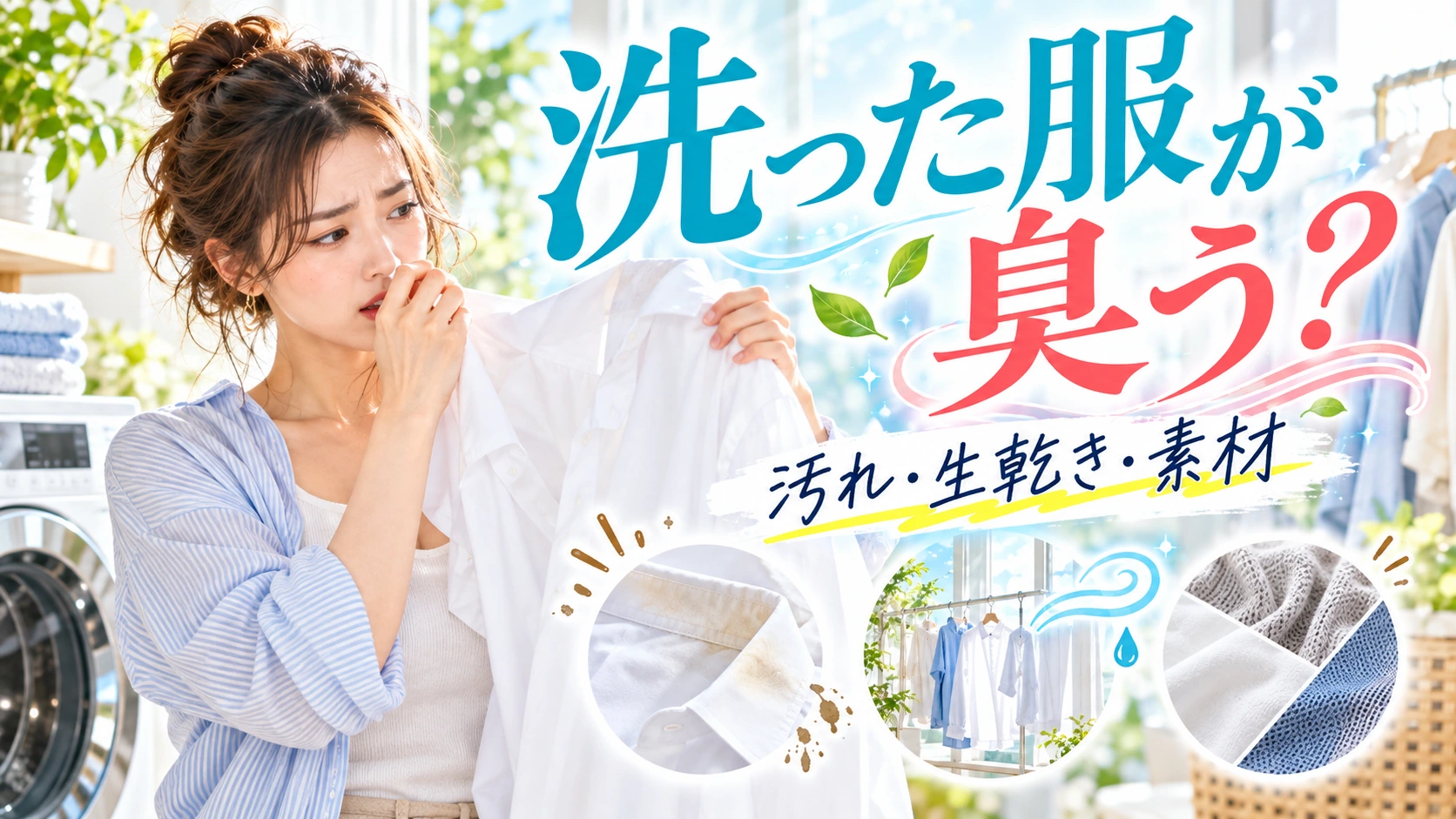 洗った服のニオイを確認する女性と生乾きや衣類素材のイメージ