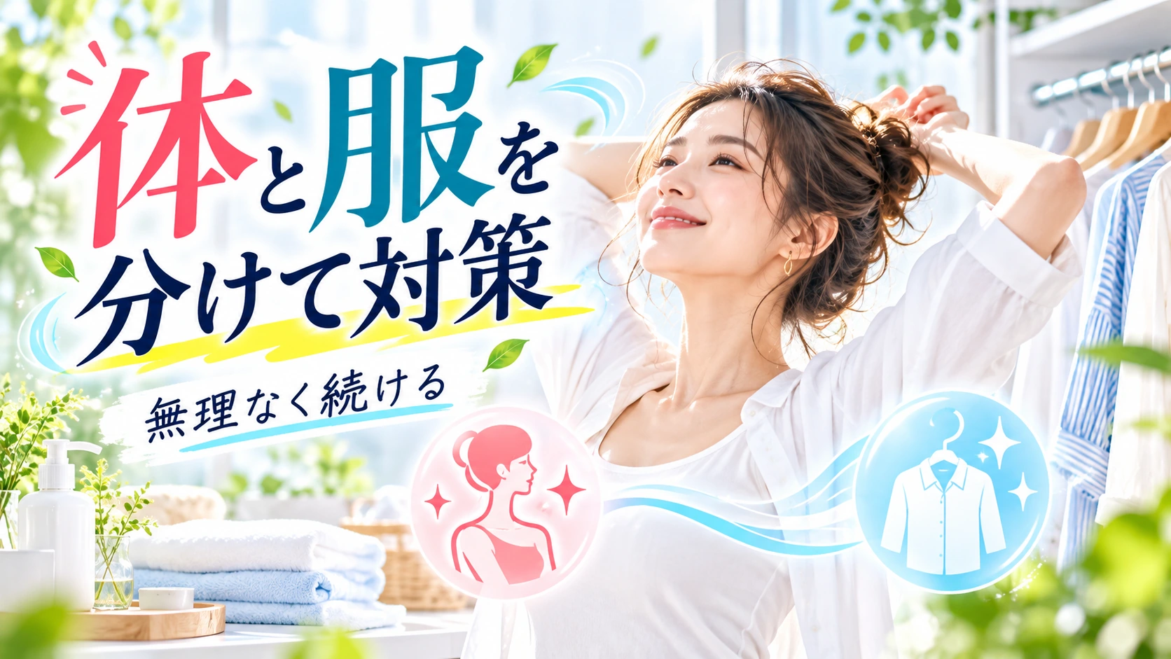 体のケアと衣類のケアを分けて続ける女性のイメージ