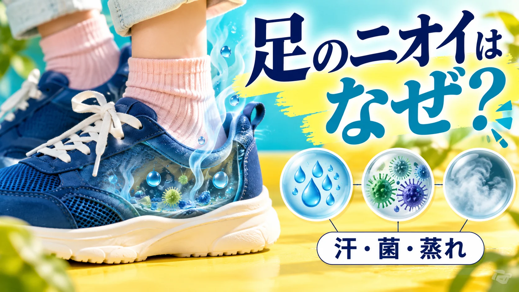 汗、靴下、靴の湿気など足の臭いの原因を示すビジュアル