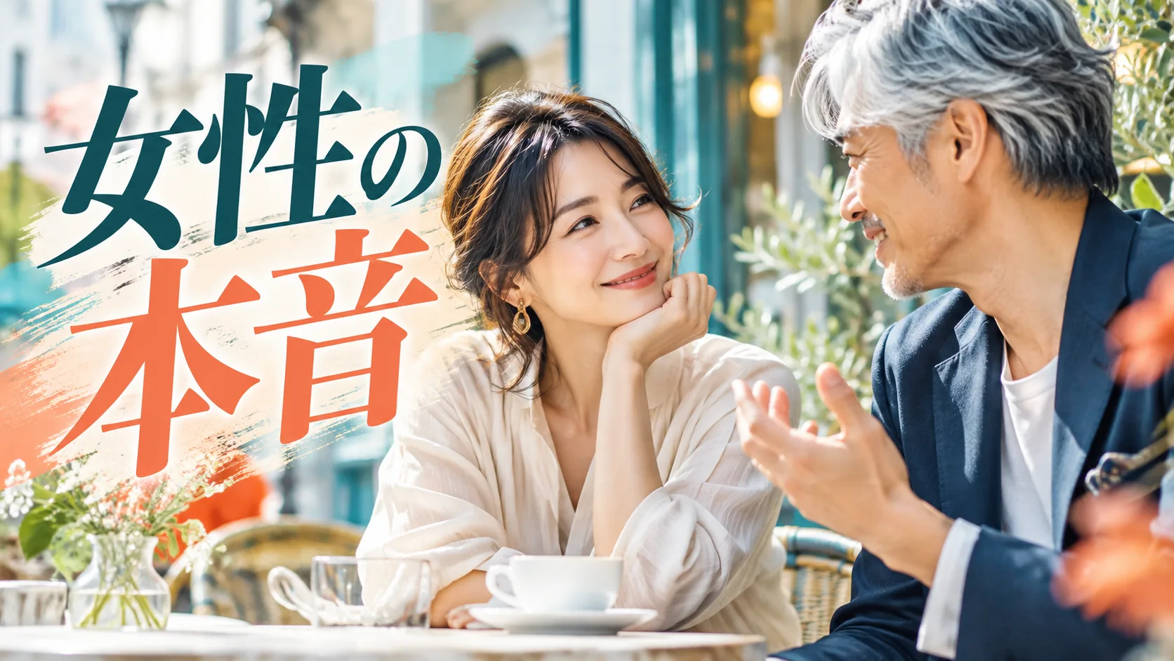 屋外カフェで白髪の男性の話に笑顔で耳を傾ける女性