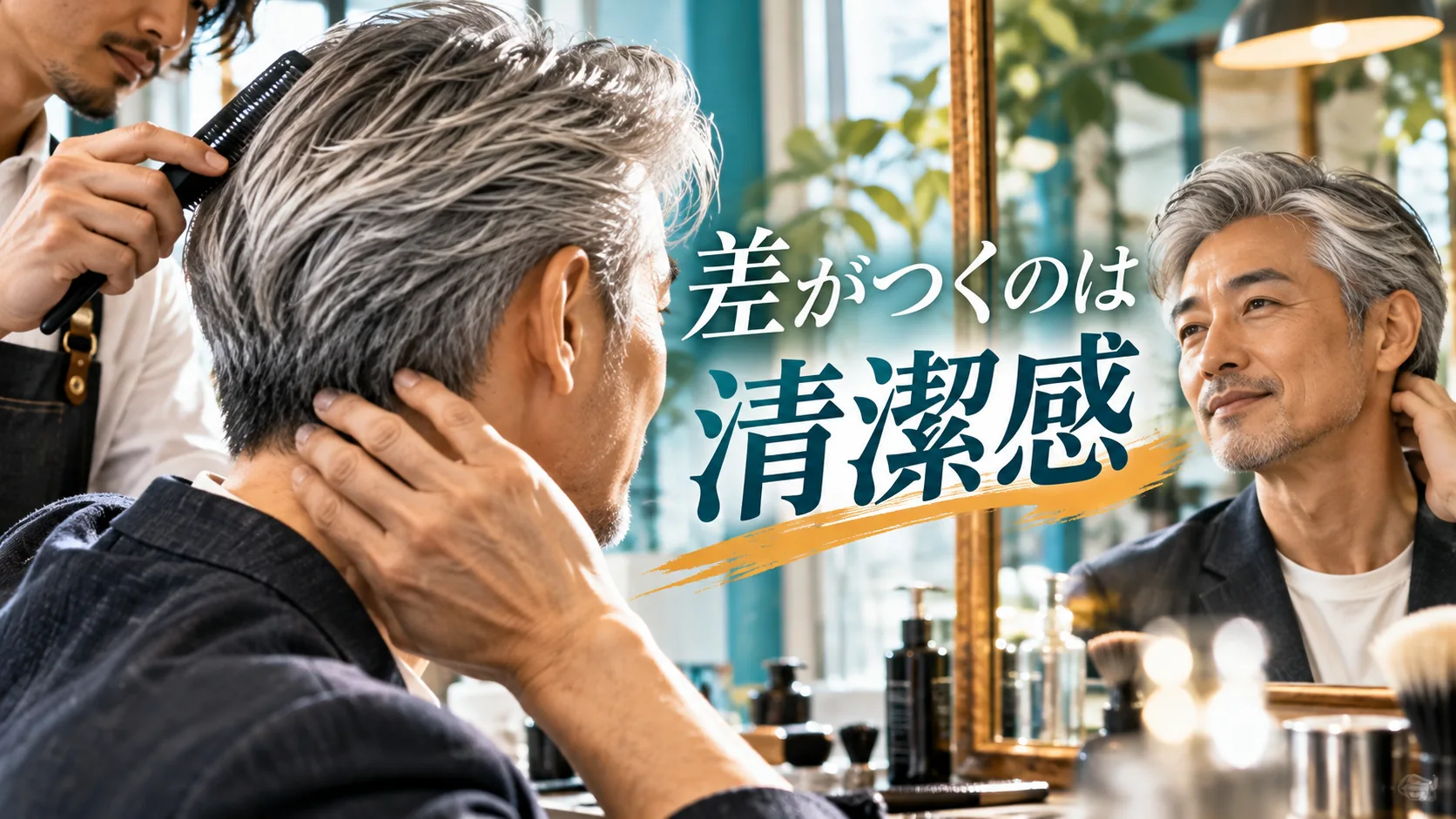 理容室で白髪の毛流れと襟足を整え鏡で確認する男性