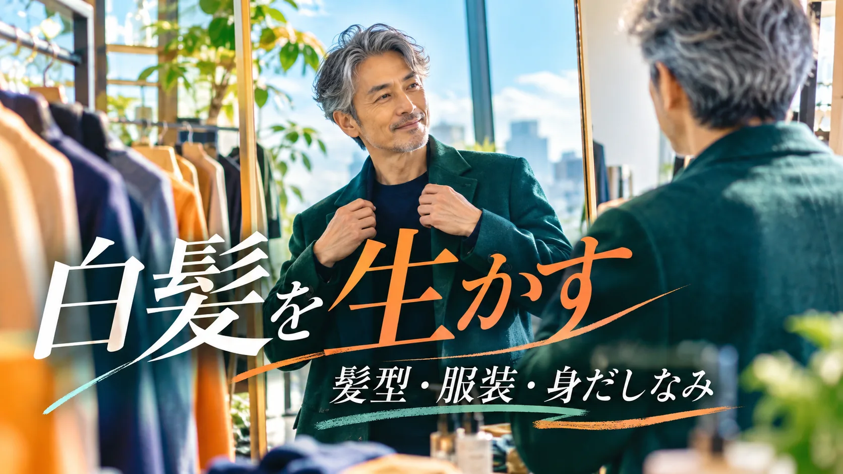 服飾店の鏡でジャケットのサイズ感を確認する白髪の男性