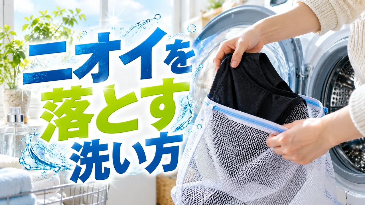 黒いインナーを洗濯ネットに入れるニオイ対策の洗濯シーン