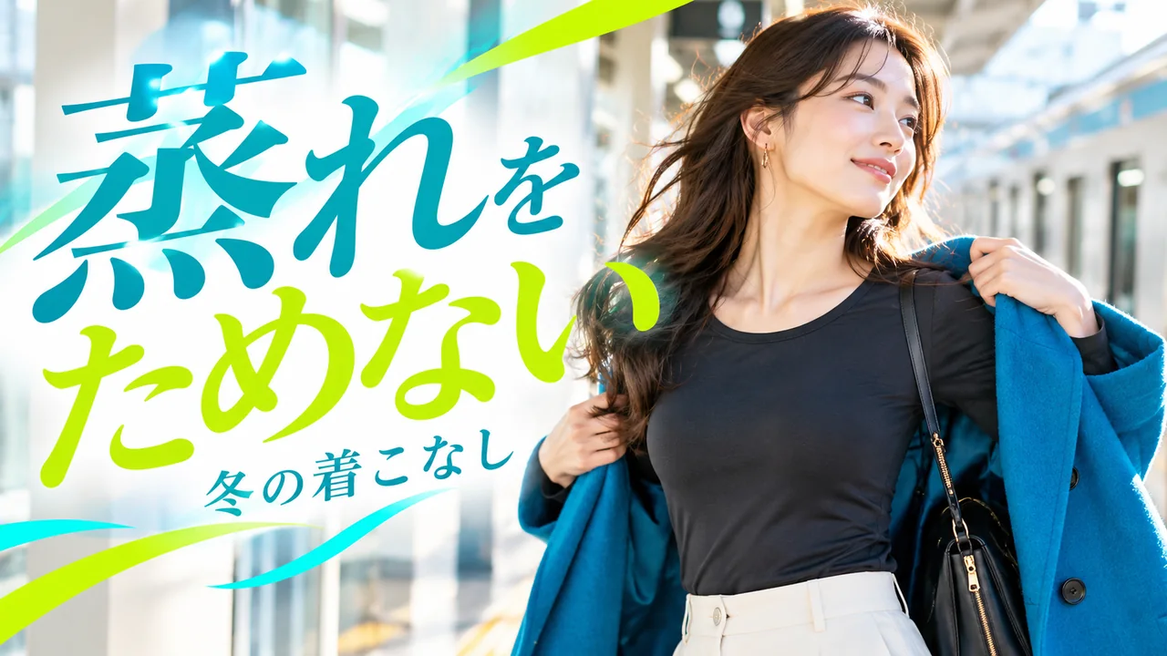 冬の駅でアウターを脱いで蒸れを調整する女性