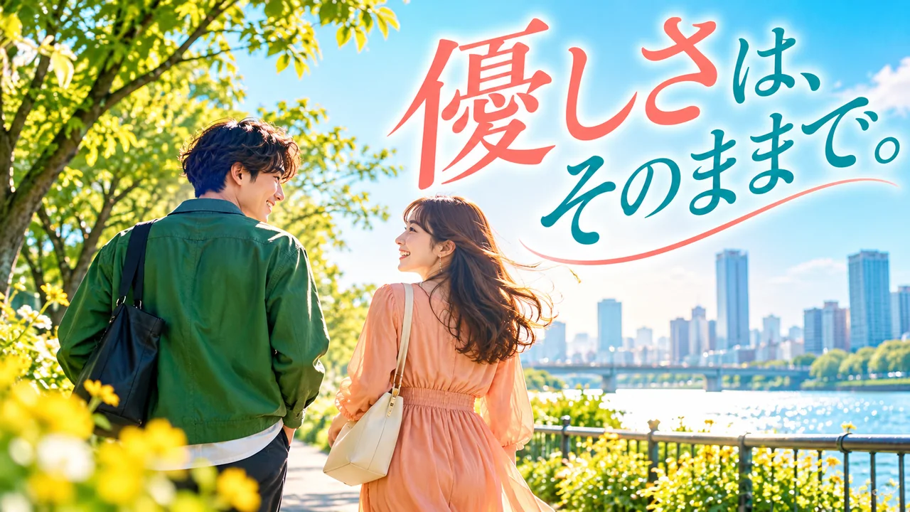 春の川沿いを自然体で歩く男女と「優しさは、そのままで。」の文字