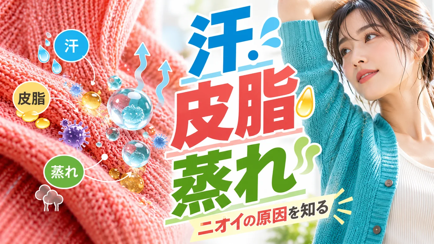ニットの脇のニオイに関わる汗・皮脂・蒸れを示すイメージ