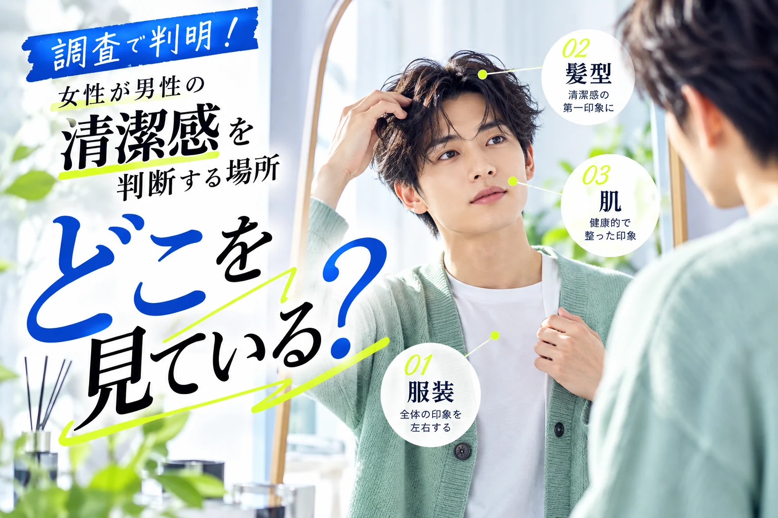 鏡の前で髪型や服装を確認する男性。清潔感に関する調査結果の見出し画像