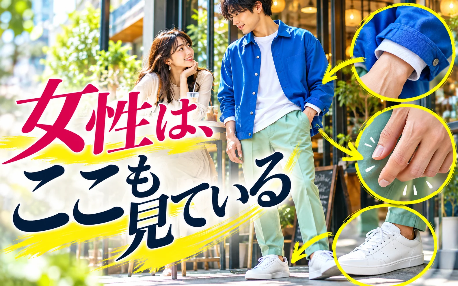デートの場面で男性の靴や手元など細部が注目されることを示す画像