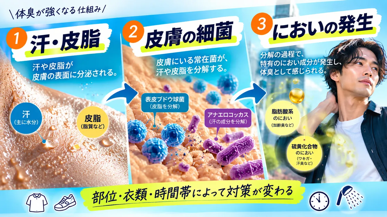 汗と皮脂が皮膚の細菌によって変化し体臭につながる仕組みの図解