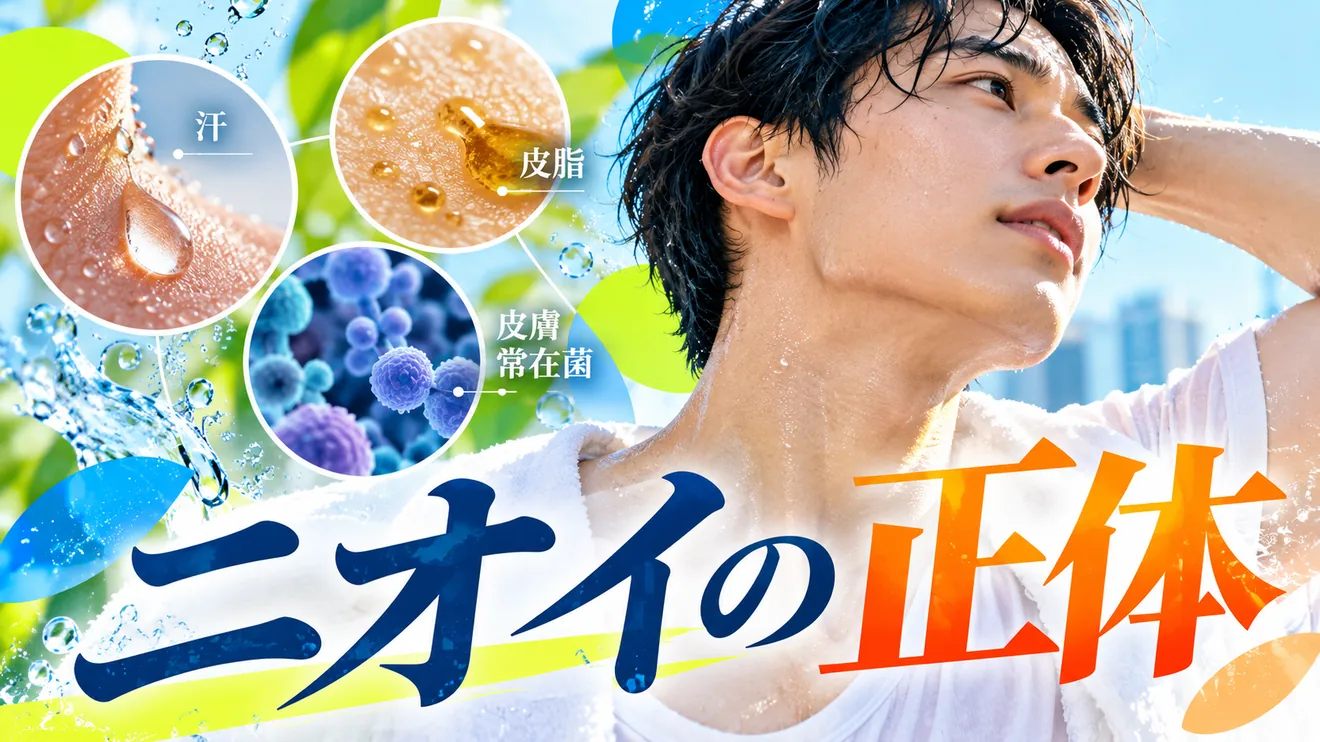 汗・皮脂・皮膚常在菌が体臭に関係する仕組みを示す画像