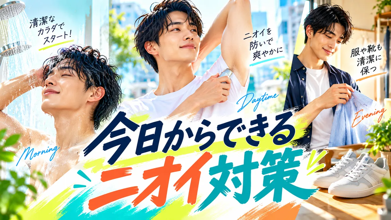 朝のシャワー・日中の制汗・夜の衣類ケアを示す画像