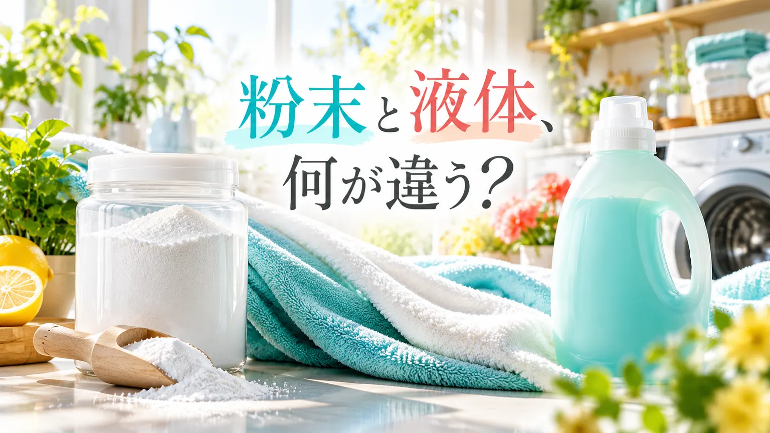 粉末の瓶と液体のボトルを並べて成分や使い方の違いを紹介する画像