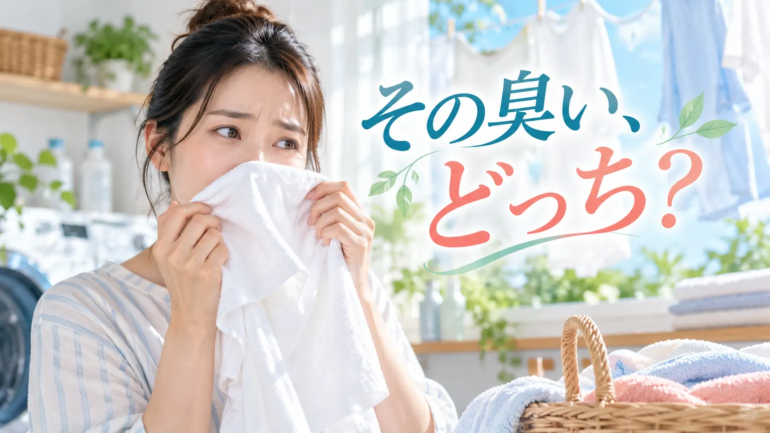 洗濯後の白い衣類の臭いを確認する女性と洗濯物の画像