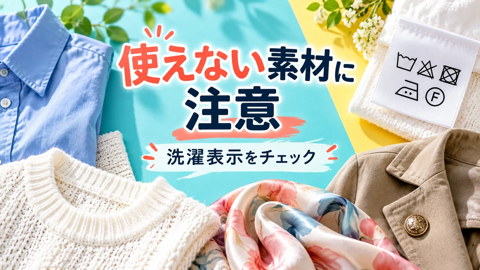 ニットやシャツと洗濯表示を並べて使用できない素材を注意喚起する画像