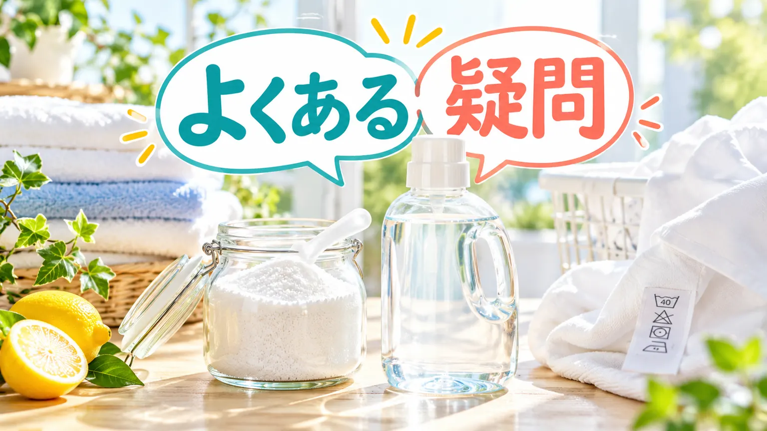 粉末と液体の容器を背景によくある疑問を示した画像