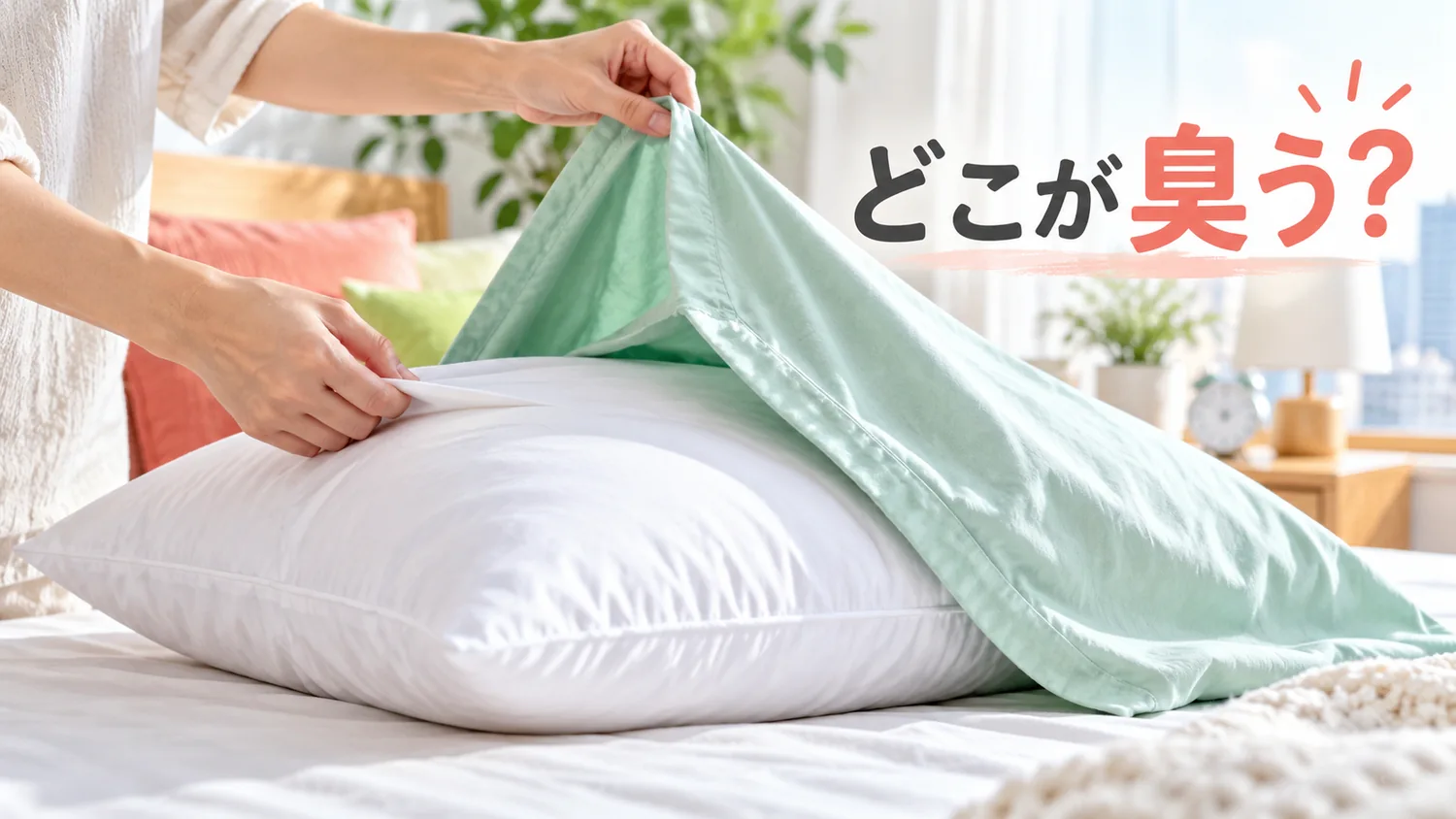 枕カバーを外してニオイの場所を確かめる様子