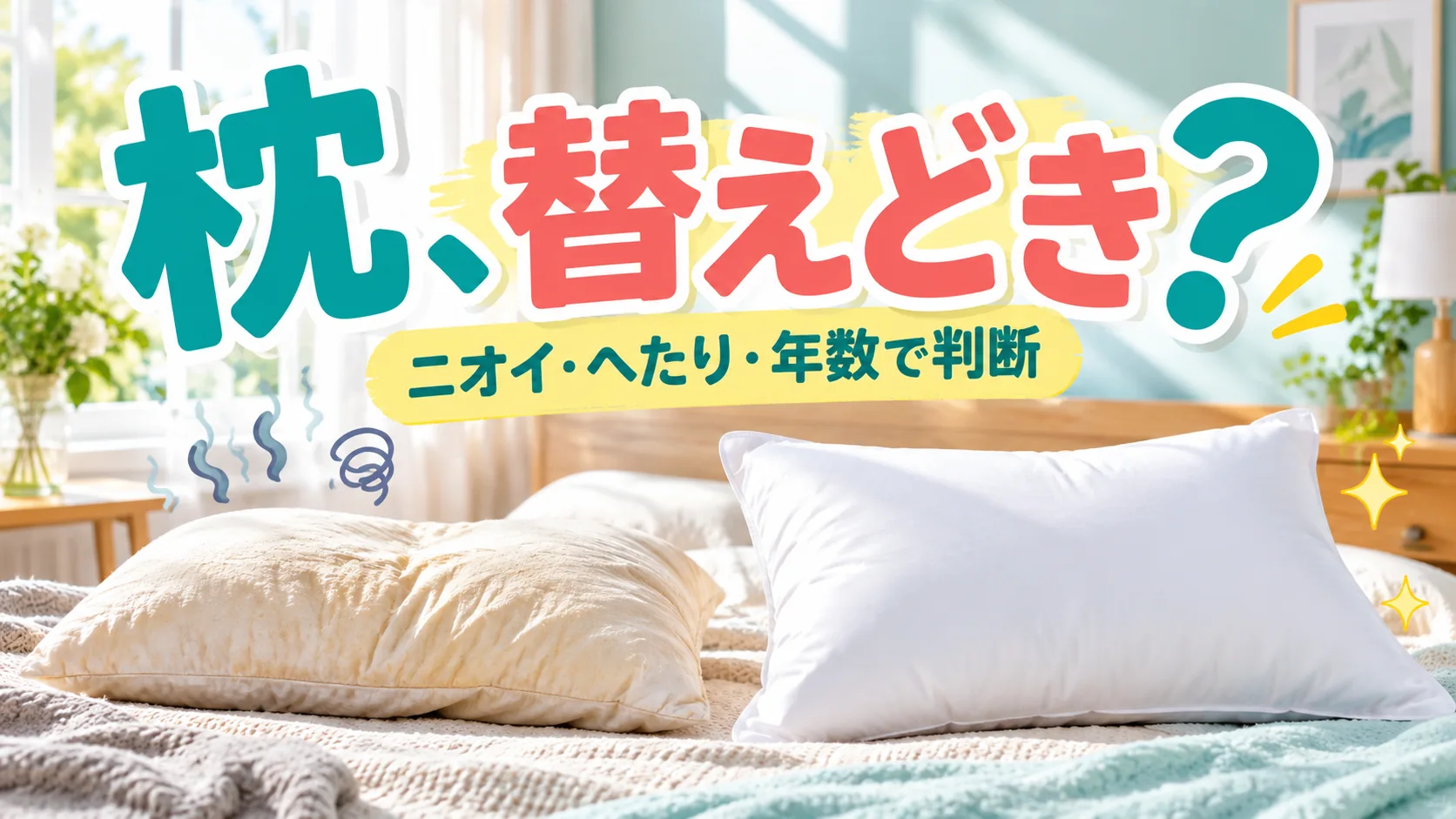 へたって黄ばんだ枕とふっくら清潔な枕を比較する買い替えのイメージ