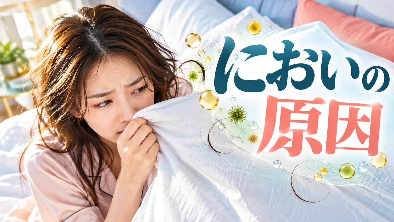 枕のにおいが気になる女性と皮脂や汗のイメージ
