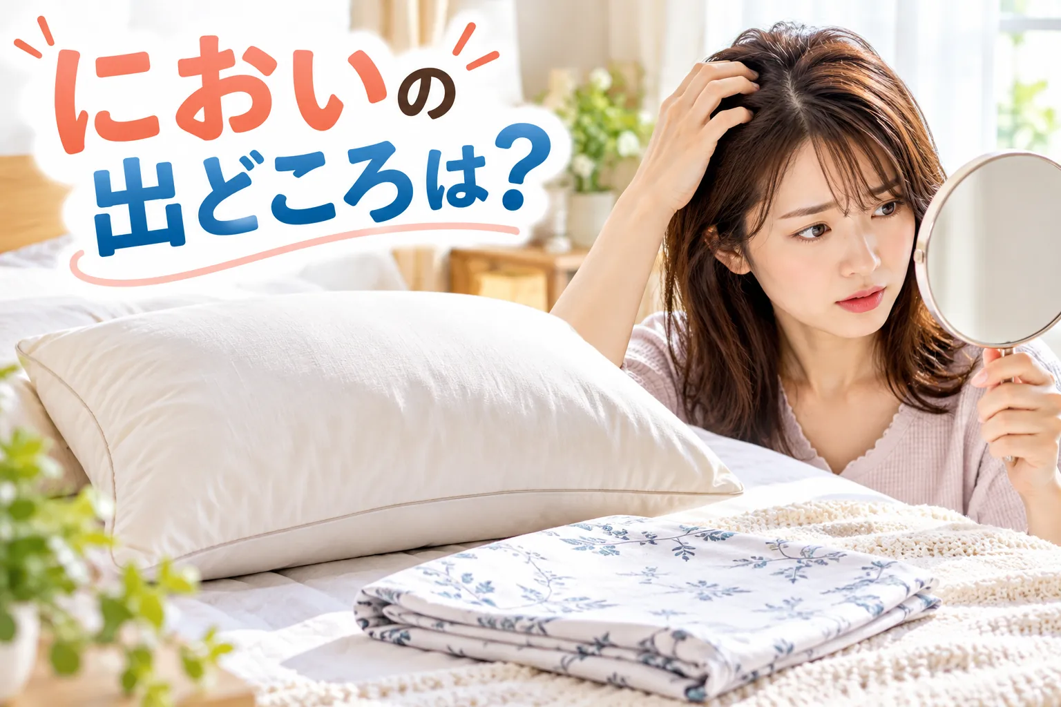 鏡で頭皮を確認し、枕とのにおいの違いを確かめる女性