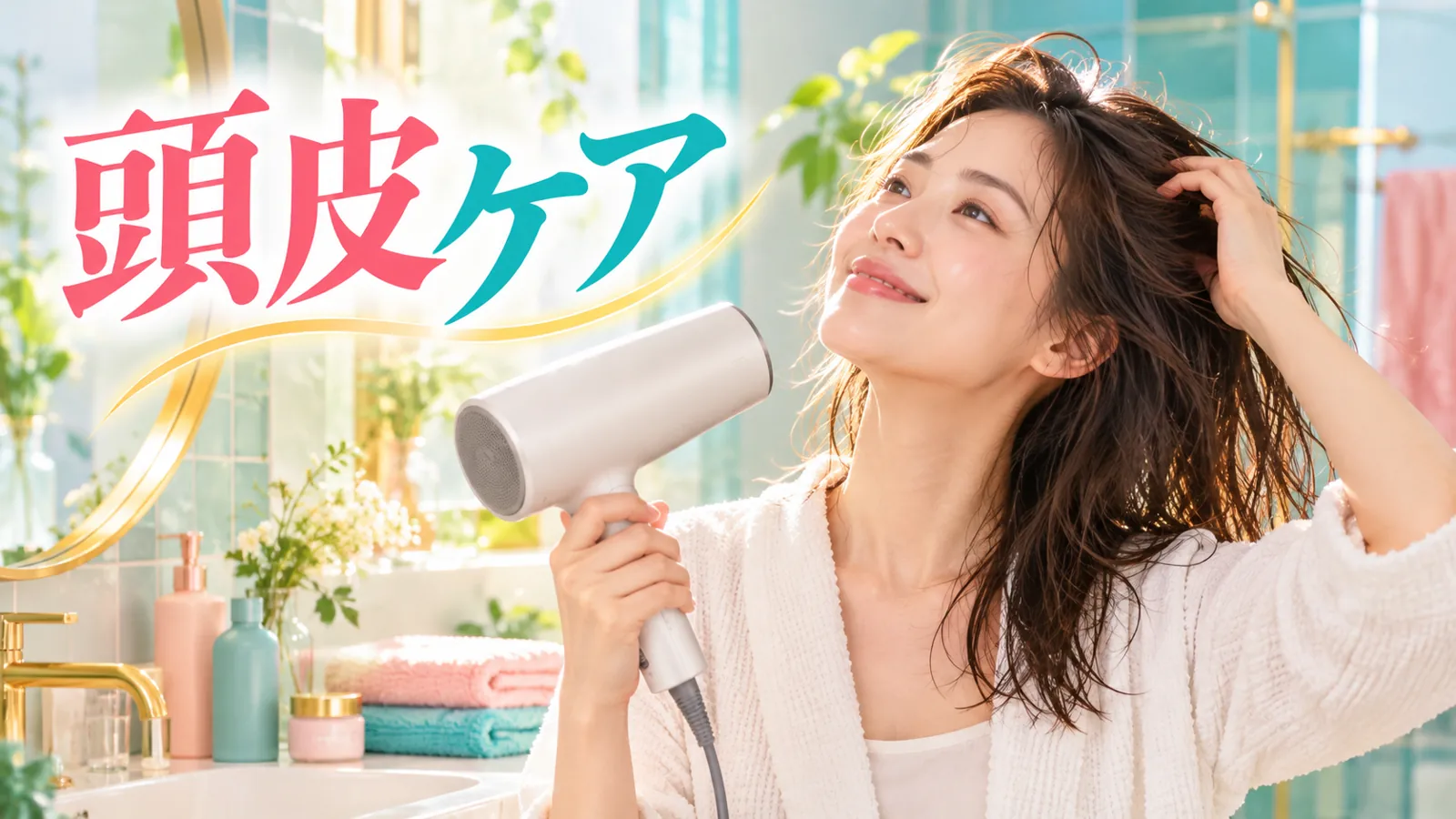 入浴後にドライヤーで髪の根元を乾かす女性