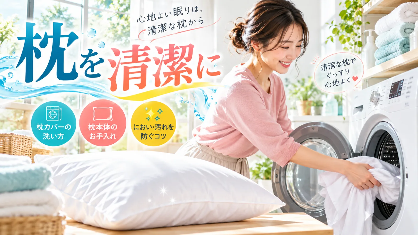 洗濯機で枕カバーを洗い、枕を手入れする様子
