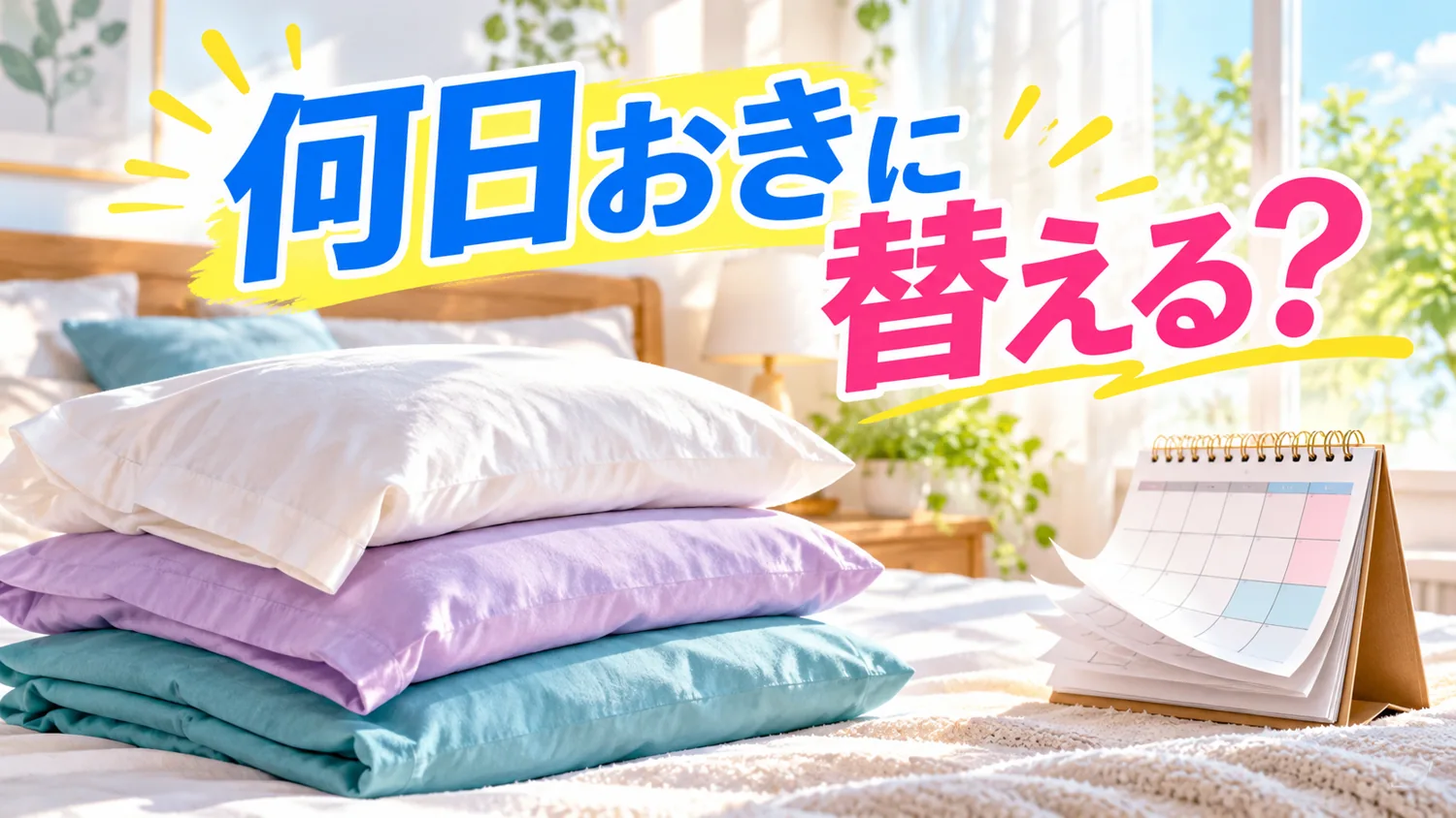 洗い替えの枕カバーと交換スケジュールを示す卓上カレンダー