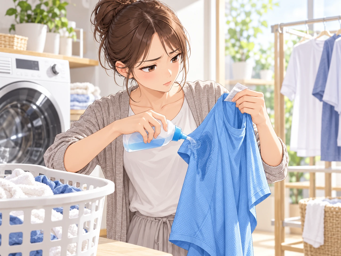 青いTシャツの洗濯表示を確かめながら衣料用洗剤で部分洗いをする女性のイラスト